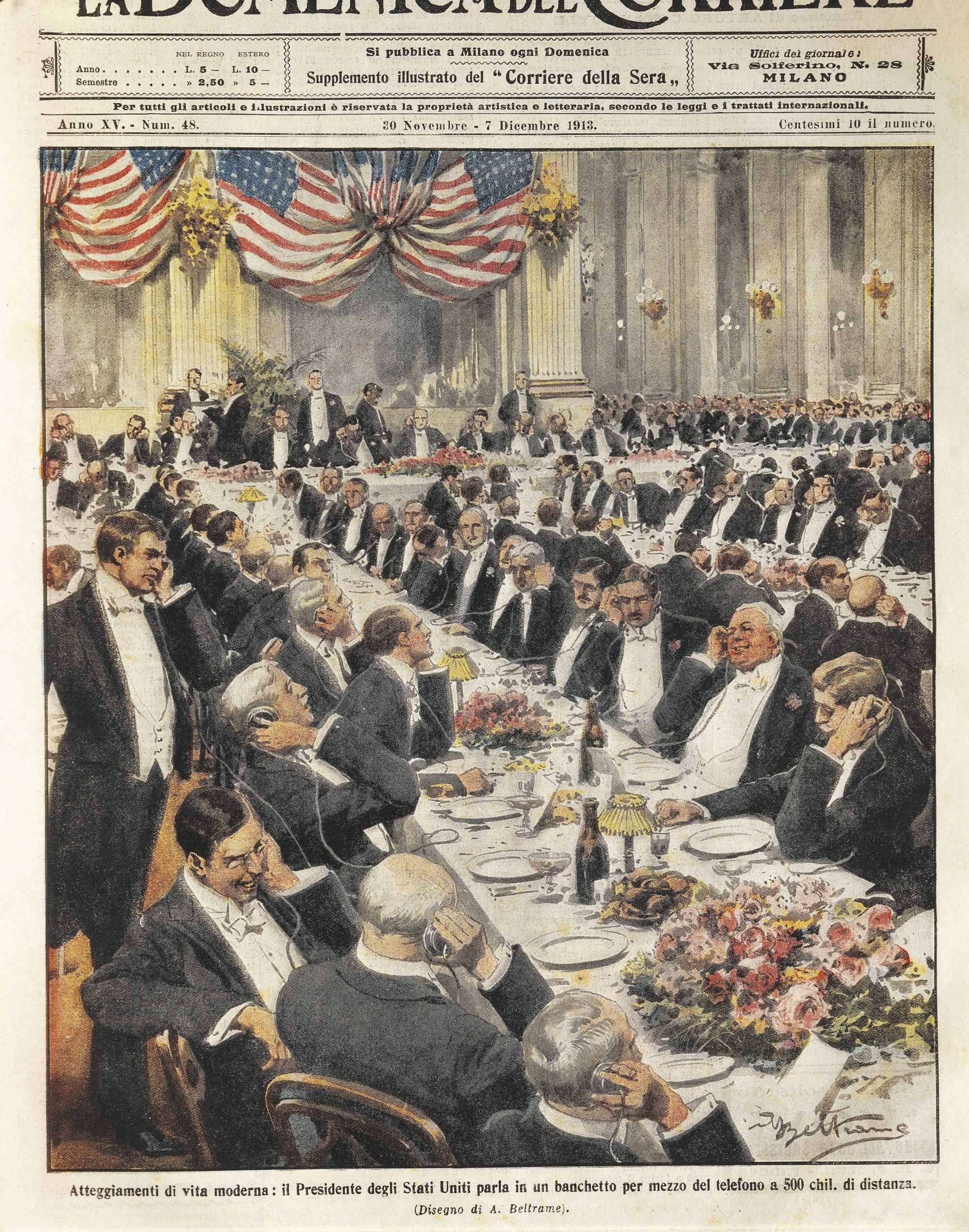 The President of the United States speaking by telephone at a distance of 500 kilometres. Illustration by Achille Beltrame on the Italian newspaper 'La Domenica del Corriere', November 20, 1913