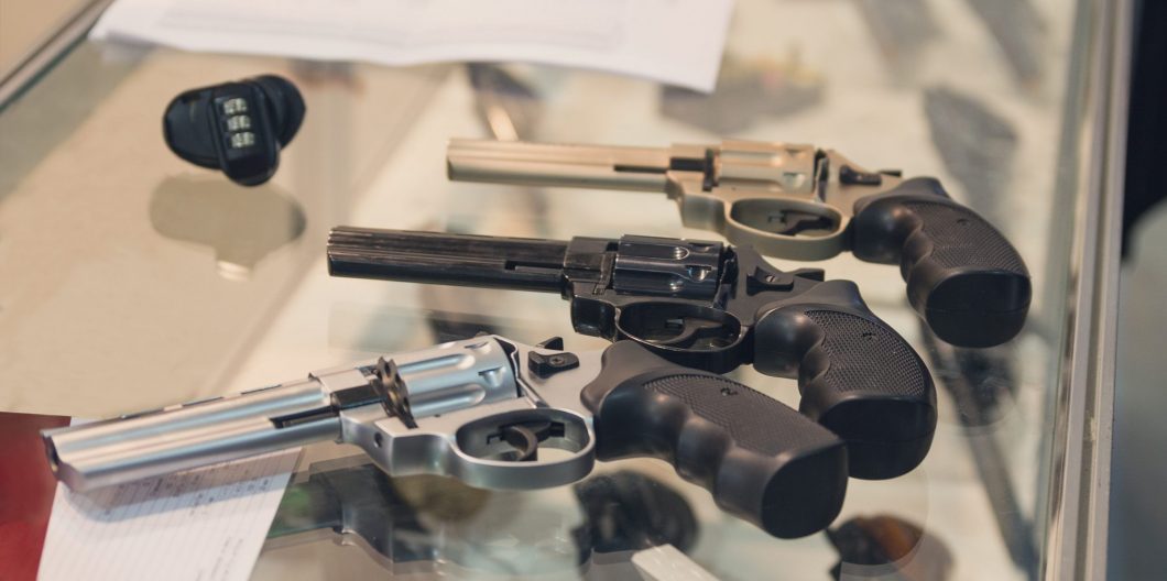 Revolvers on the counter in the gun shop. Weapon