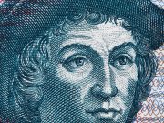 Christopher Columbus (1451 – 1506) portrait on Salvador 5 Colones (1997) banknote extreme macro. Great explorer, navigator, colonizer and discoverer of America.