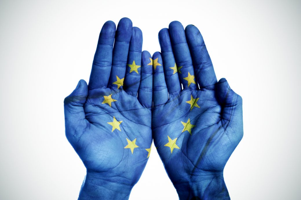 hands patterned with the european flag