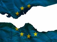 EU flag, burning flag of European Union isolated on white background, conceptual picture about Brexit and terror attack in the world