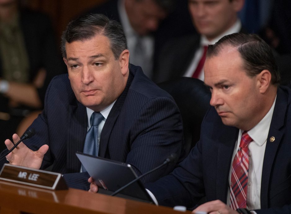 Washington, USA. 7th September 2018. United States Senator Ted Cruz (Republican of Texas), left, questions witnesses who are giving testimony on the nomination of Judge Brett Kavanaugh before the US Senate Judiciary Committee on his nomination as Associat