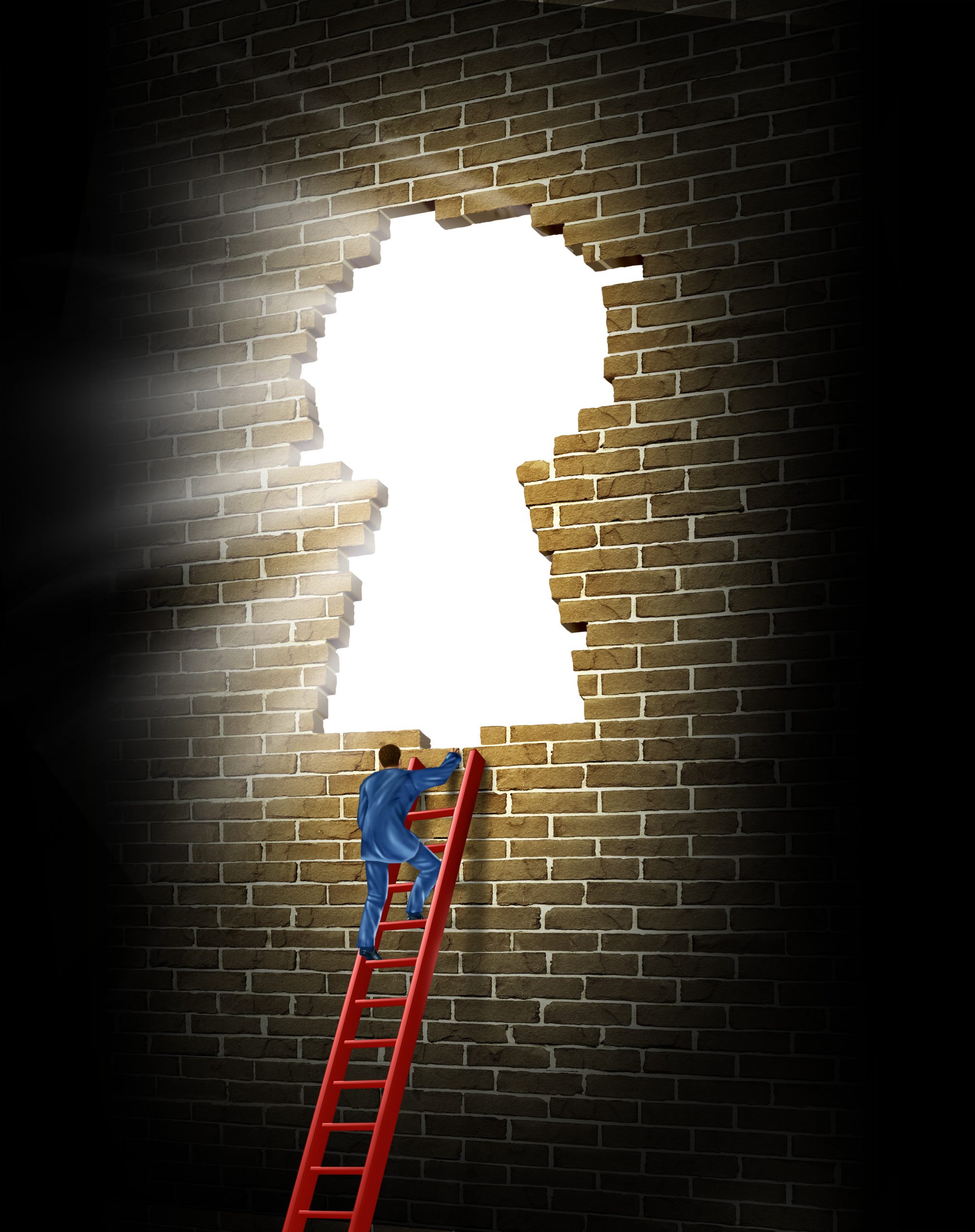 Breaking in to opportunity as a business man climbing a broken brick wall in the shape of a glowing light keyhole with a red ladder as a concept of success and winning.