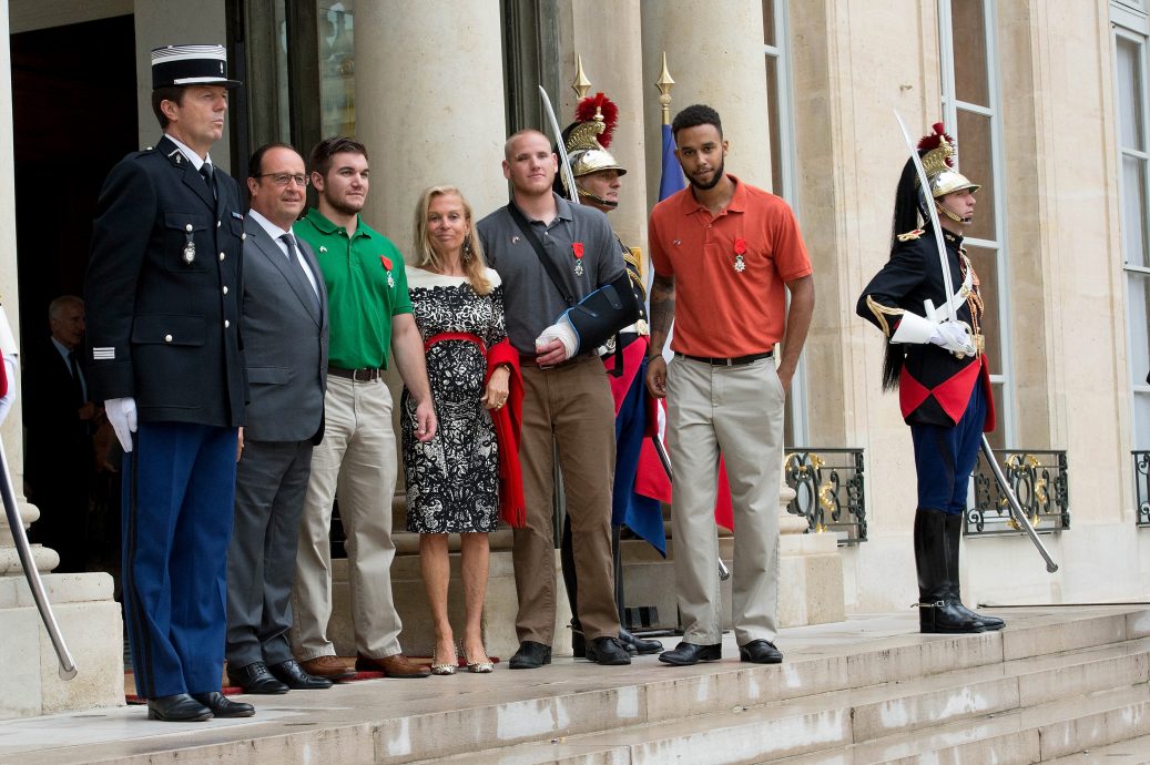 French President Francois Hollande Receives Anthony Sadler, Alek Skarlatos and Spencer Stone At Elysee Palace In Paris
