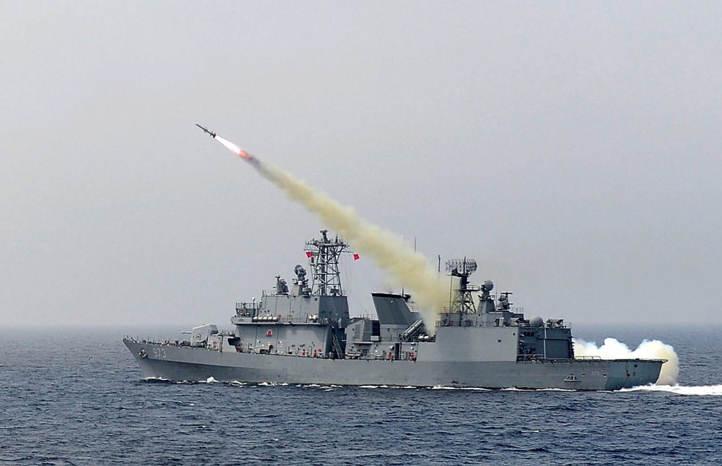 A South Korean navy ship fires a missile during a drill aimed to counter North Korea's intercontinental ballistic missile test on July 6, 2017. (Photo by South Korean Defense Ministry via Getty Images)