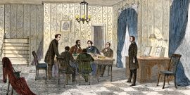 President Andrew Johnson consulting with his lawyers about impeachment, 1868. Hand-colored woodcut
