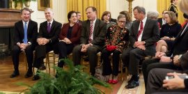 Justices of the U.S. Supreme Court attend the Presidential Medal of Freedom award ceremony in the East Room of the White House November 16, 2018 in Washington, D.C. Sitting from left to right are: Brett Kavanaugh, Neil Gorsuch, Elena Kagan, Samuel Alito,