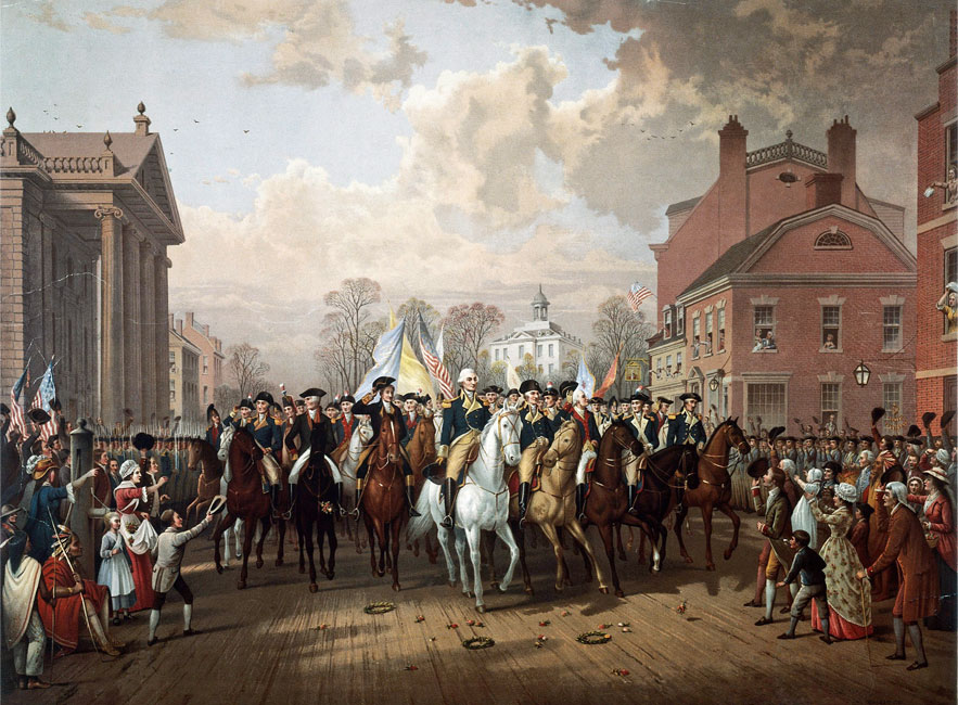 George Washington enters New York on 'Evacuation Day', 25th November 1783.