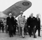 Shah of Iran Mohamed Reza Pahlavi arriving at Bourget airport (Paris) on august 1st, 1948 welcome by Andre Marie (head of government), Robert Schuman (french minister of foreign affairs), Rene Mayer (french minister of defence), Jules Moch (french minis