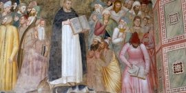 FLORENCE ITALY JANUARY 10 2019 Saints Peter the Martyr and Thomas Aquinas Refute the Heretics, detail of the Active and Triumphant Church, Santa Maria Novella Dominican church in Florence