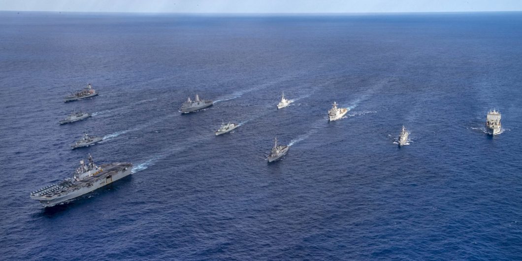 The ships of the USS America (LHA 6) Expeditionary Strike Group steam in formation during Talisman Sabre (TS) 21