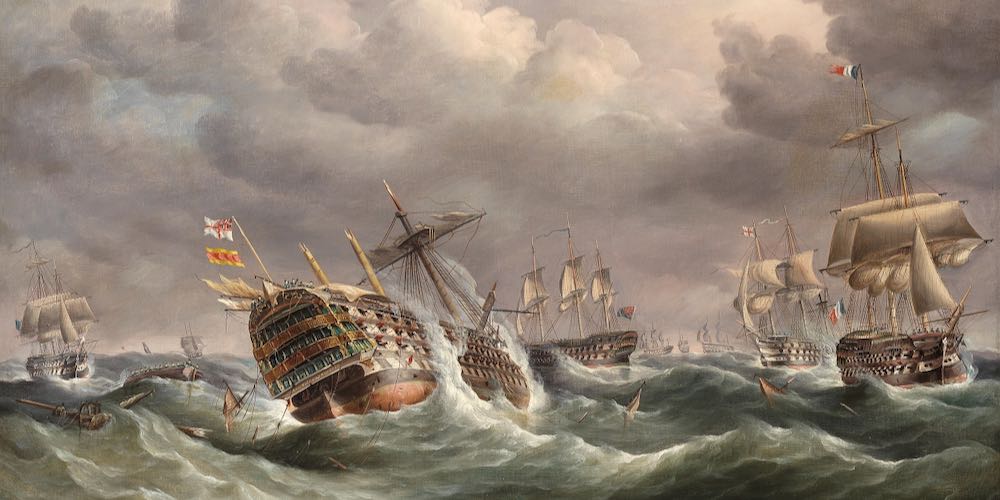 R.B._Spencer_-_Santisima_Trinidad_dismasted_at_the_Battle_of_Trafalgar,_1805
