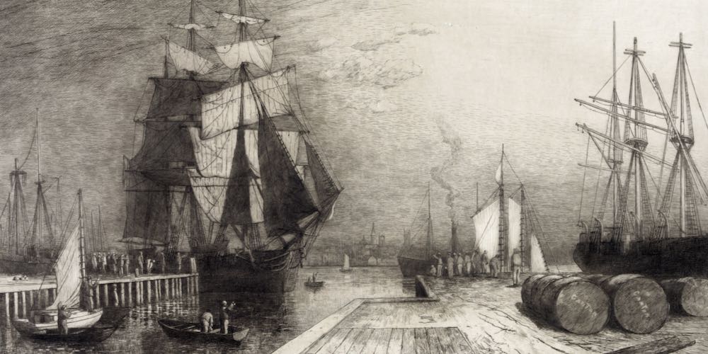 Return of the Whaler, etching with ships and dock, circa late 1800s.