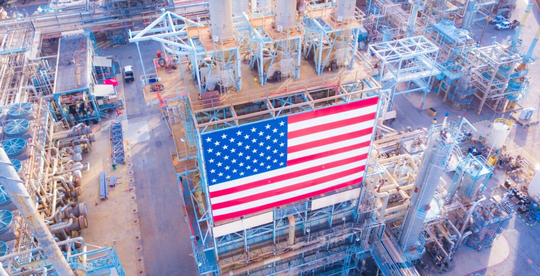 Oil,Refinery,With,American,Flag,From,Above.,California